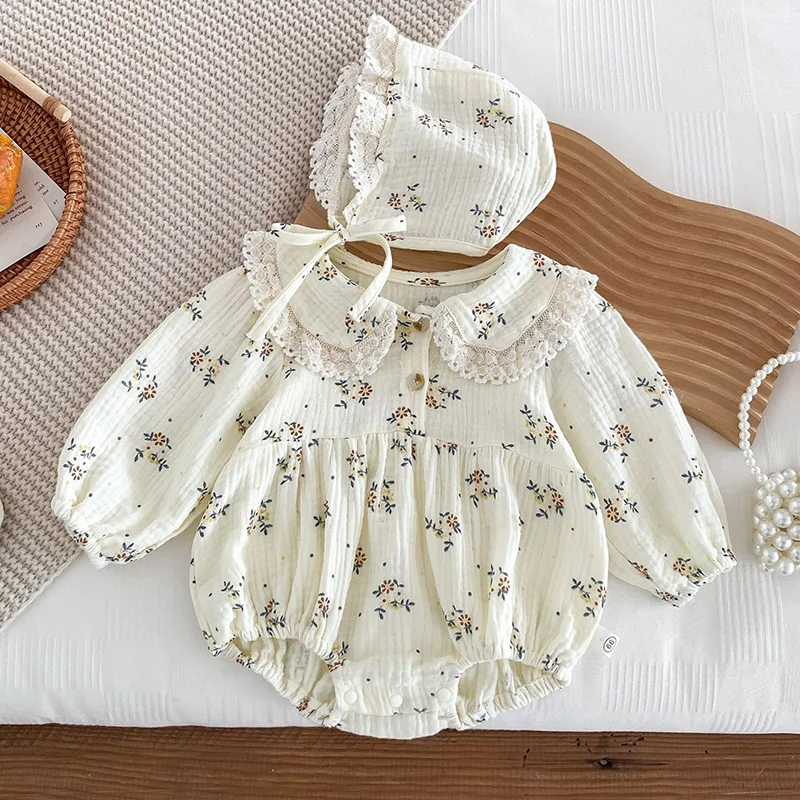 

2024 Spring Baby Girls Romper with Hat Cotton Floral Newborn Jumpsuits Toddler Infant Bodysuits Girl Clothing Korean Outfit Set