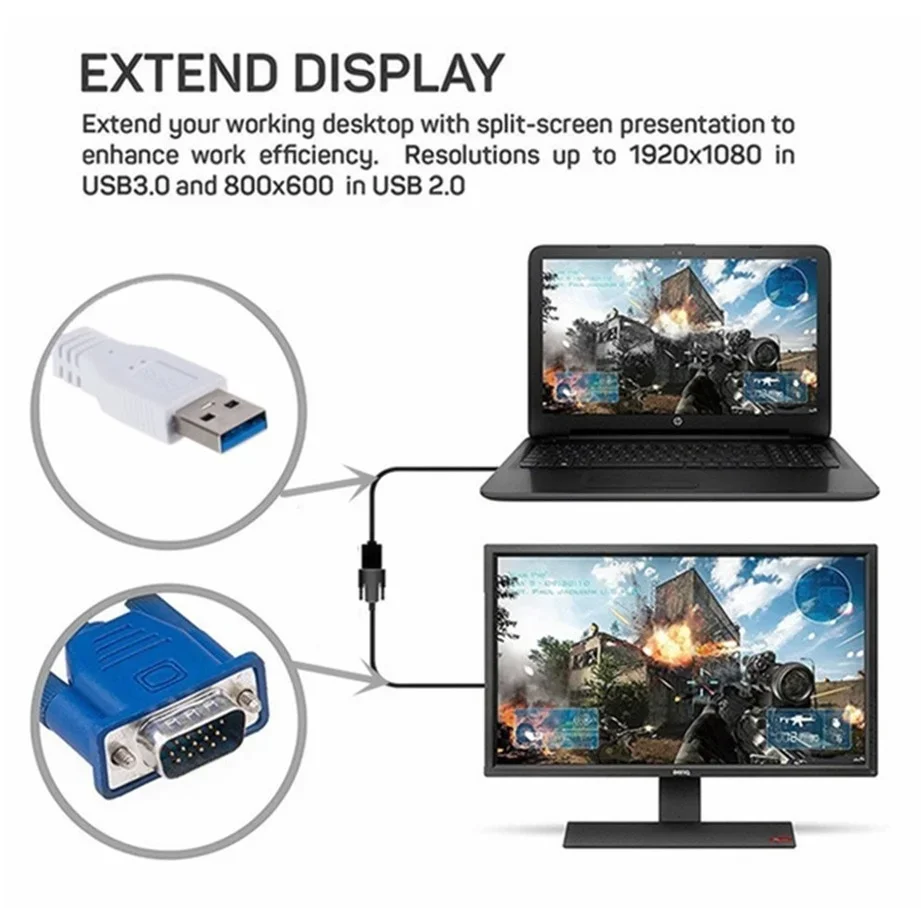 USB 3.0 to VGA Video Display Adapter 1080P Multi-Display External Converter Cable for Projector Laptop Monitor PC Windows 7/8