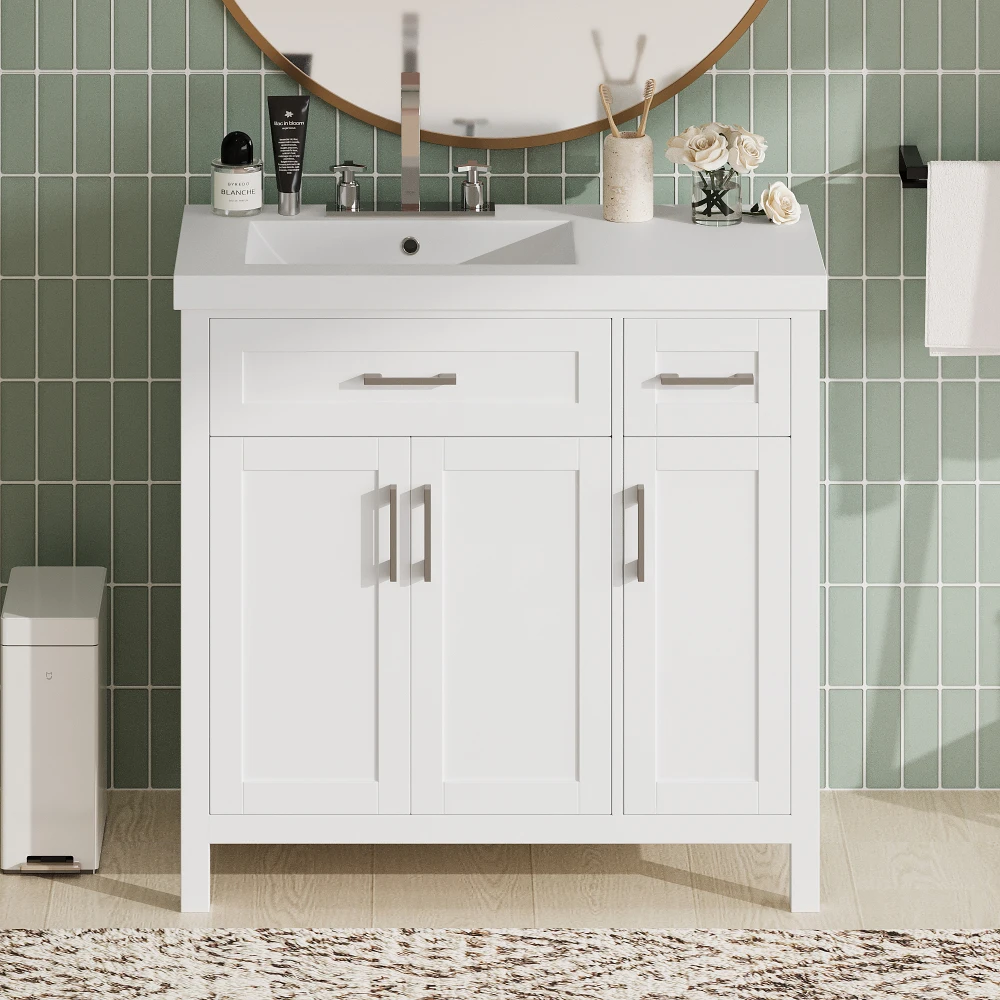 36" Black Bathroom Vanity Cabinet with Resin Integrated Sink - 2 Drawers, 3 Doors 5