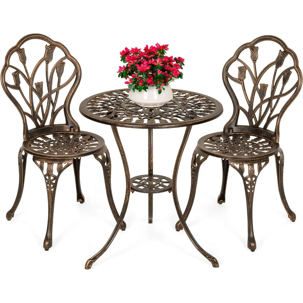 

3-Piece Outdoor Rust-Resistant Cast Aluminum Patio Bistro Set w/Tulip Design, Antique Finish - Copper
