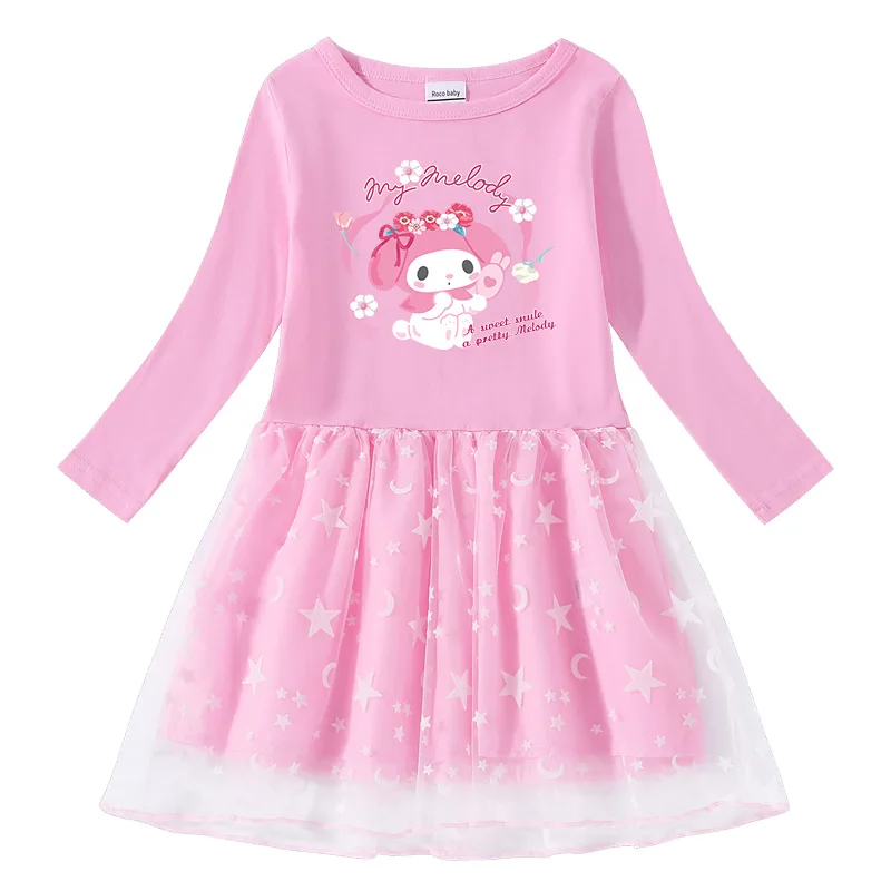 

Sanrio Melody 2023 Spring and Autumn New Girls Cotton Printed Cartoon Stars and Moon Mesh Long Sleeve Princess Dress