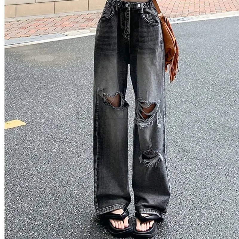 

S-5XL Jeans Women Ripped Vintage Wide Leg Streetwear Hole All-match High Waist Trousers Simple Chic Baggy Ulzzang Casual Popular