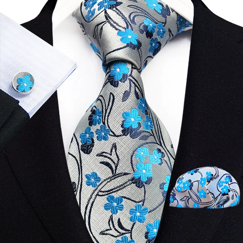 100% Silk Floral Blue Ties For Men Wedding Party Business Man Tie Handkerchief Brooch Cufflinks Set Men Accessories