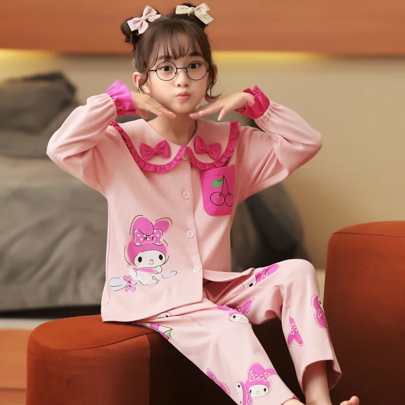 

Новинка, детские пижамы Sanrioed, милая Хлопковая пижама с мультяшными мелодиями для маленьких мальчиков и девочек, детская одежда для сна с длинным рукавом, Детская домашняя одежда