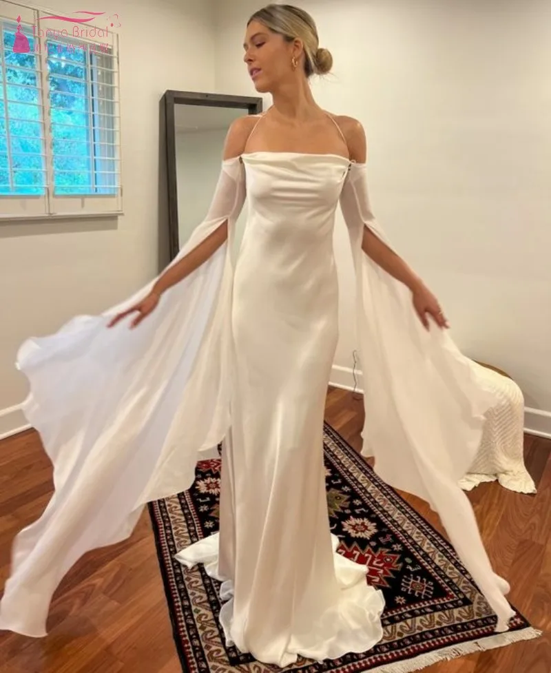 Vestidos de novia con alas de Ángel, satén suave, largo hasta el