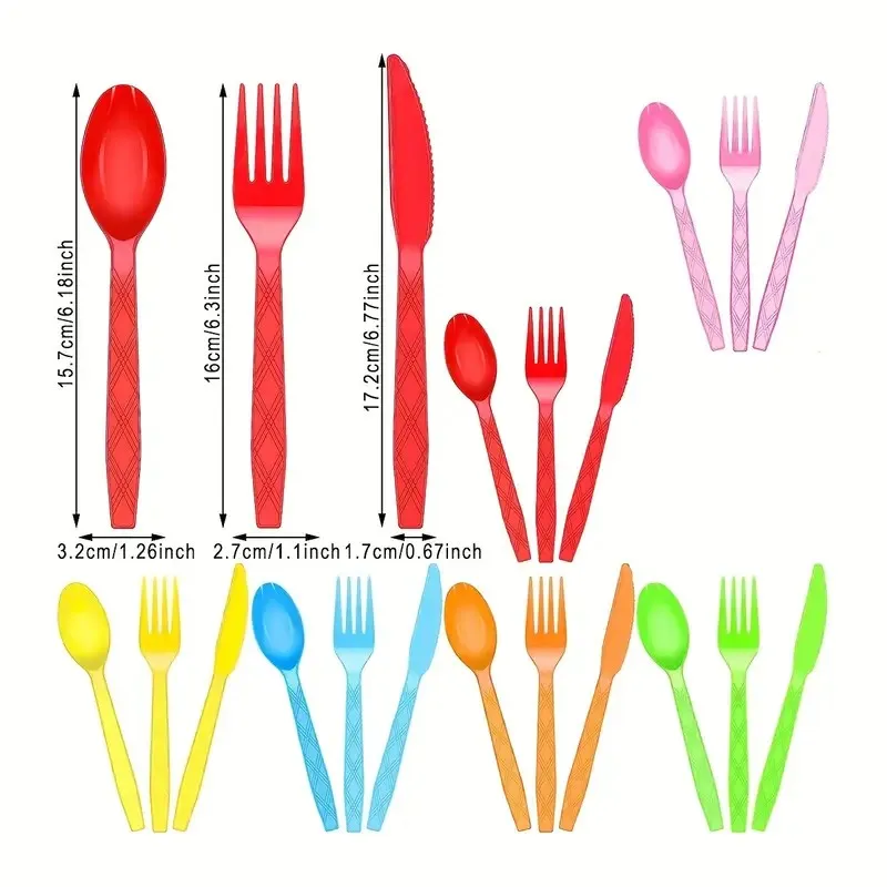 75 sets of reusable multicolor plastic cutlery knives, forks and spoons, which are very suitable for dining parties.