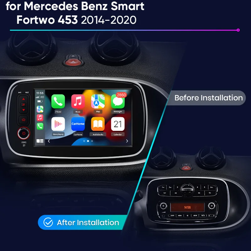 Radio para Auto Junsun de 8 Pulgadas con CarPlay Inalámbrico y Android Auto para Mercedes Benz Smart Fortwo 453 2014-2020, Sistema Multimedia Inteligente con Pantalla Táctil IPS, Reproductor de Video Estéreo, Autoradio 2 Din, Navegación, BT, GPS, 4G, WIFI, FM, AM, DSP 2
