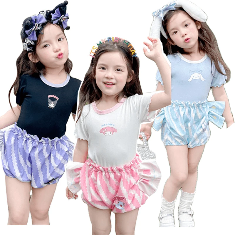 

Аниме кавайная Sanrios My Melody Cinnamoroll Kuromi топ с коротким рукавом для девочек мультяшная Милая конфетная футболка шорты костюм детская одежда подарок