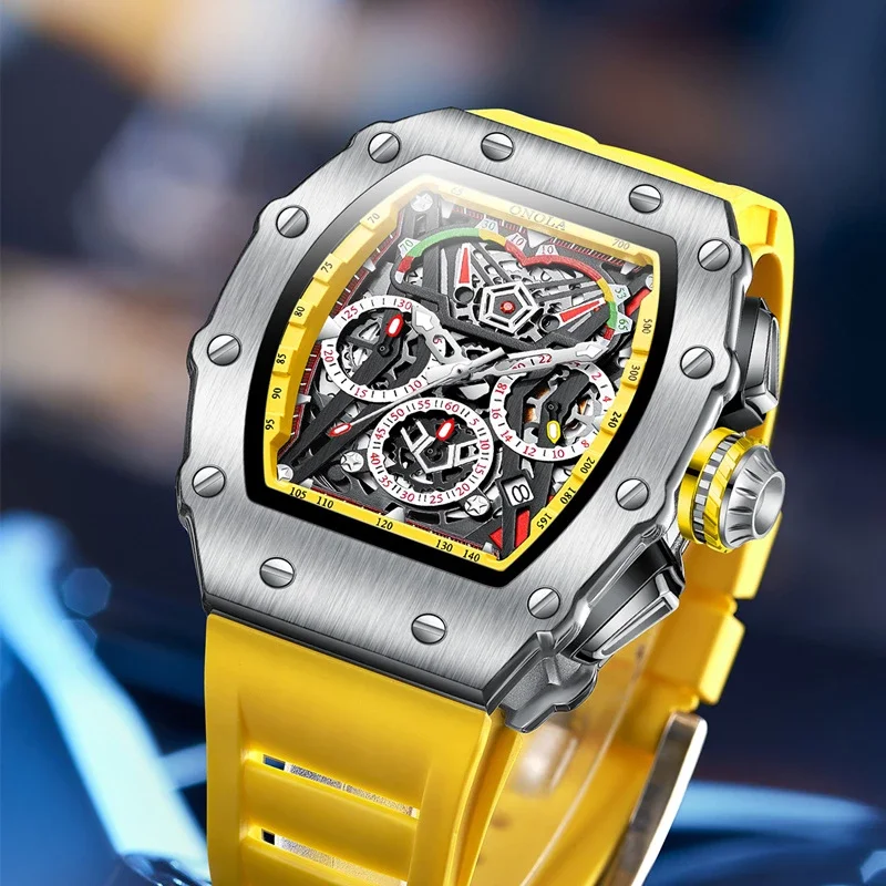 Dropshippng Quartz Men Watches Brand ONOLA Tonneau Stainless Steel Shell Sport Wristwatches Fashion Silicone Type Mille Clock F1