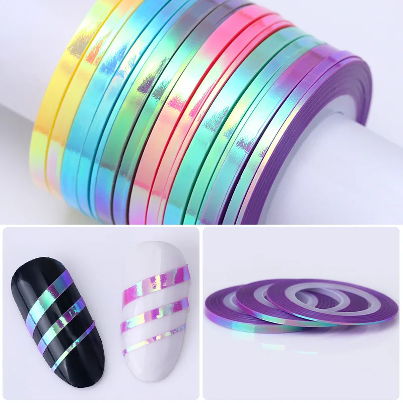 3 Rolls Clear Holographic Rainbow Nail Line Decals Stripe Tapes Diy