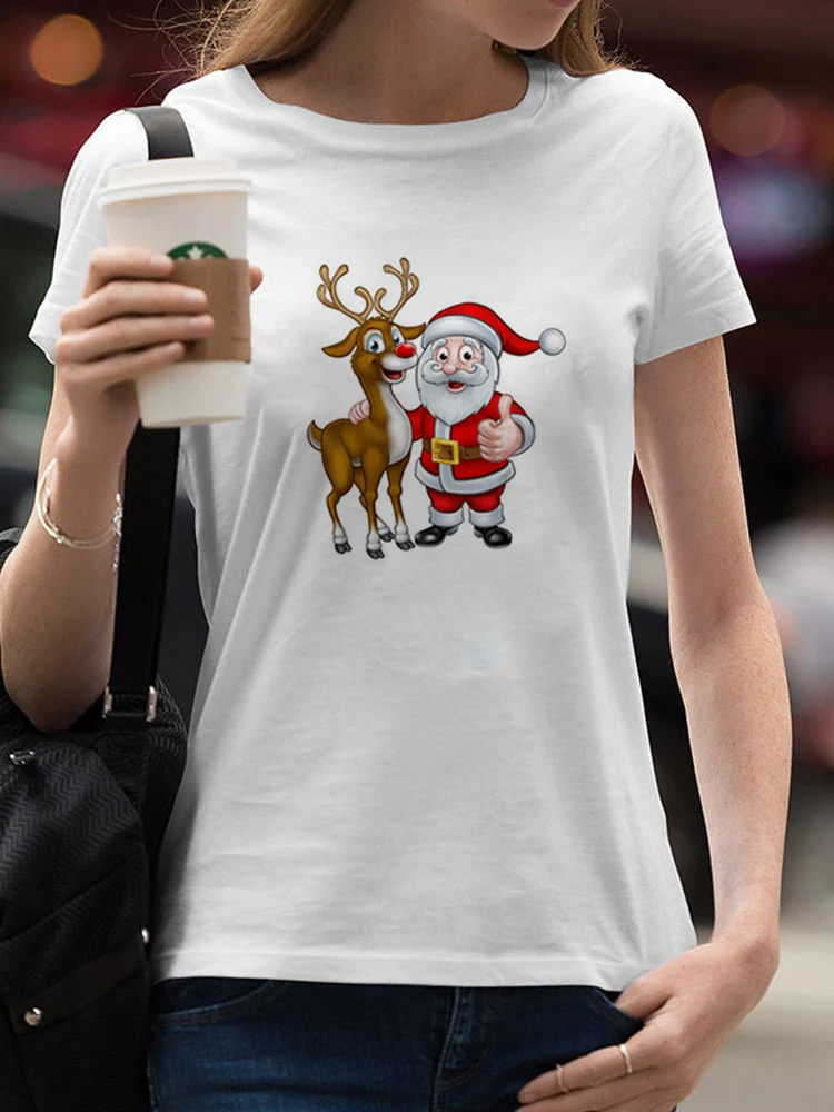 

Plaid Deer Cute 90s New Year Merry Christmas Women T Shirt Print Tops Tee Lady T-Shirts Top T-Shirt New Year Female Graphic Tee