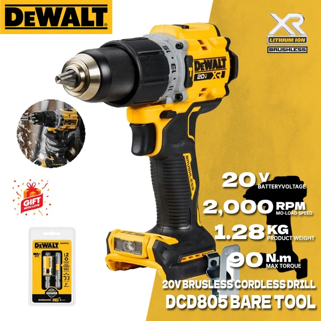 Dewalt-무선 해머 드릴 드라이버 키트 DCD805, 충전식 전동 공구 20V, 최대 1/2 in, 브러시리스 임팩트 드릴