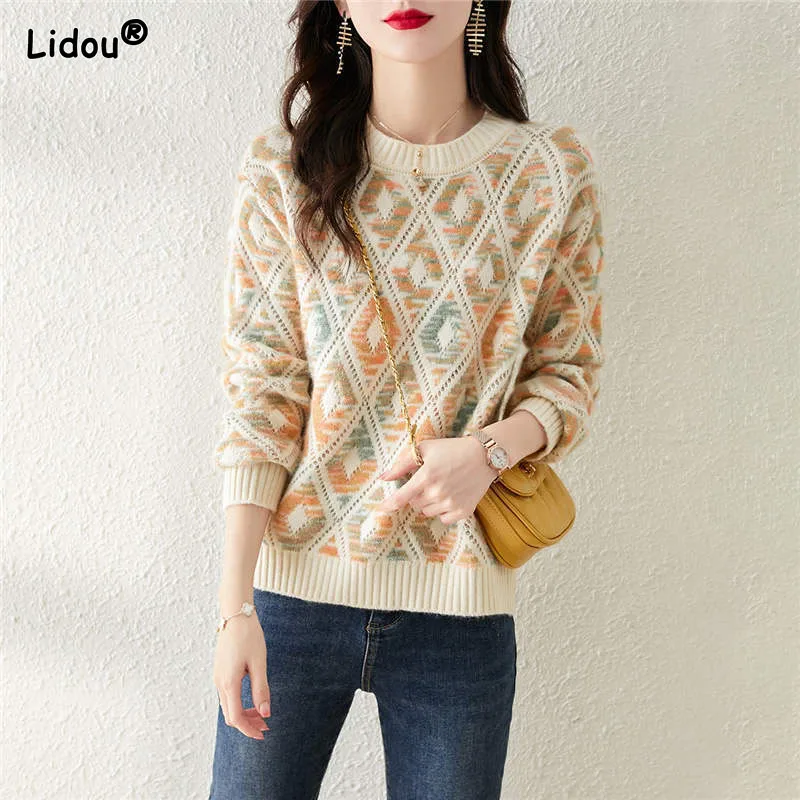 

O-Neck Spliced Knitting Sweaters Argyle Hollow Out Medium Strech Pullovers Prairie Chic Silm Wild Women's Clothing Autumn Winter