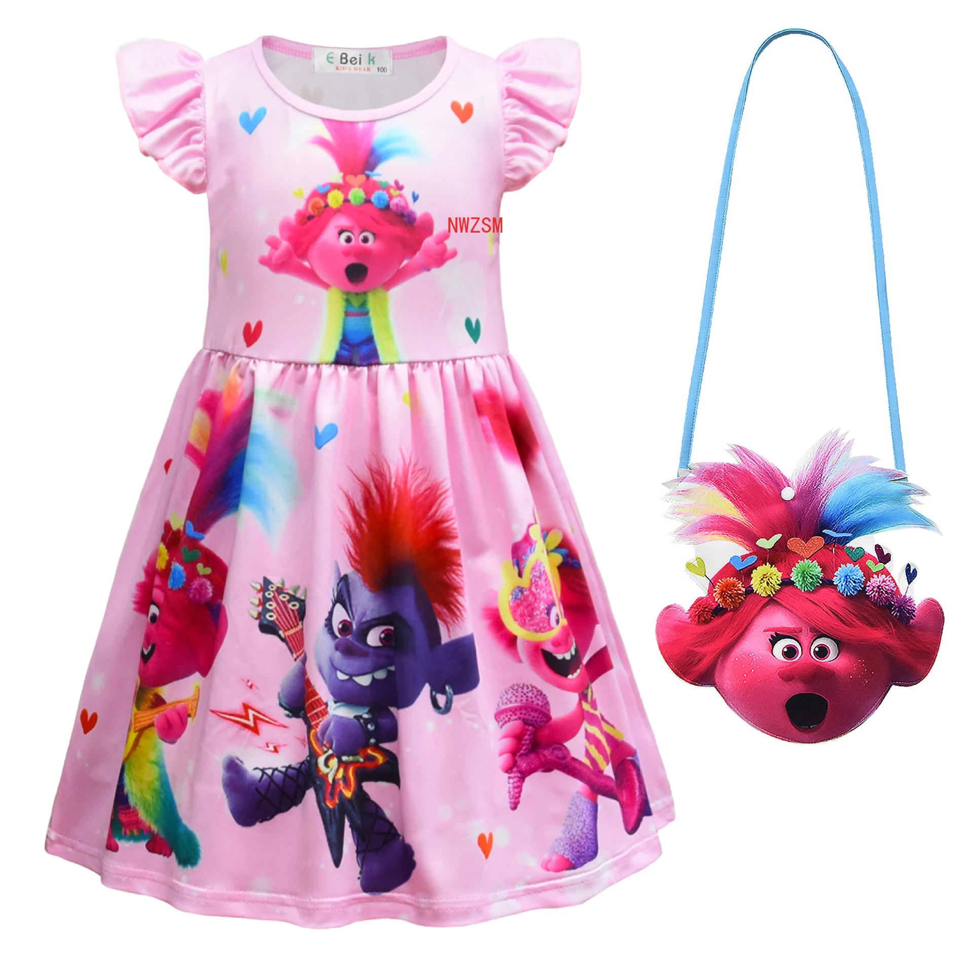 thumbnail image 4 of Vestido de Trolls para niñas, ropa de verano con dibujos animados para niños, vestidos de princesa con mangas con volantes de seda color leche, ropa floral de cumpleaños, 4 of 5