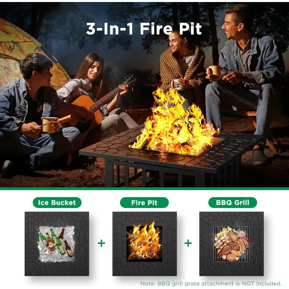 32 Inch 3-in-1 Multi-purpose Outdoor Fire Pit Table Spark Screen 22 Inch Fire Club Rain Cover