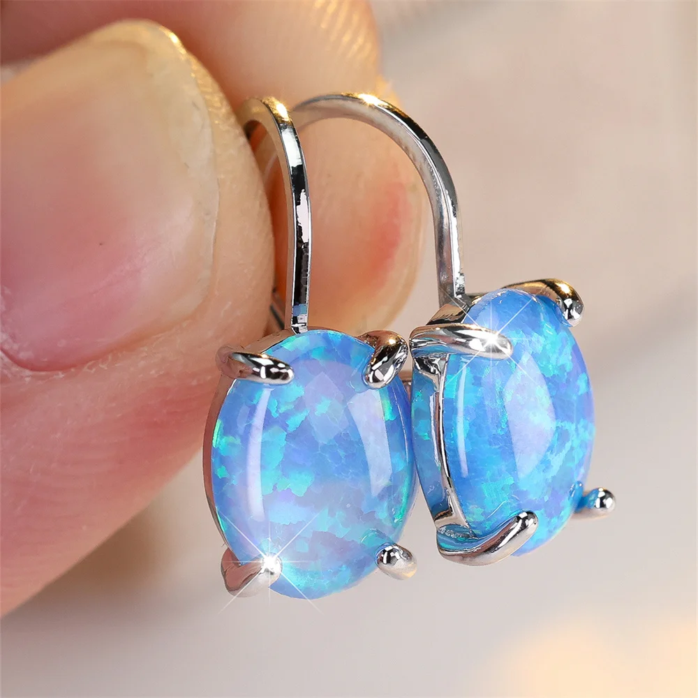 White Blue Purple Pink Opal Oval Stone Hoop Earrings For Women Rose Gold Silver Color Ear Buckle Wedding Jewelry Engagement Gift