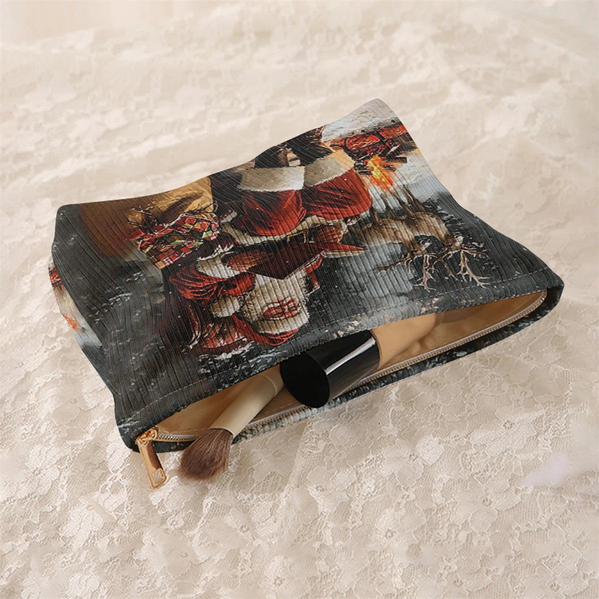 1 Christmas themed corduroy makeup bag, lightweight zipper makeup storage box, multifunctional bag with lining