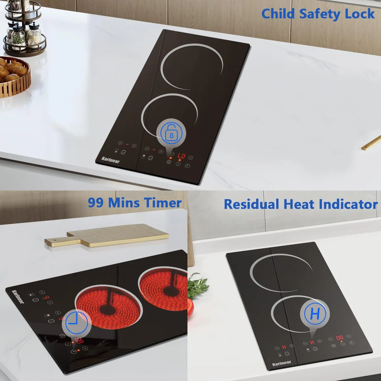 Karinear 110V Electric Cooktop 2 Burner-12 Inch Plug in, Countertop & Built-in Ceramic Cooktop, 2000W, Residual Heat Indicator
