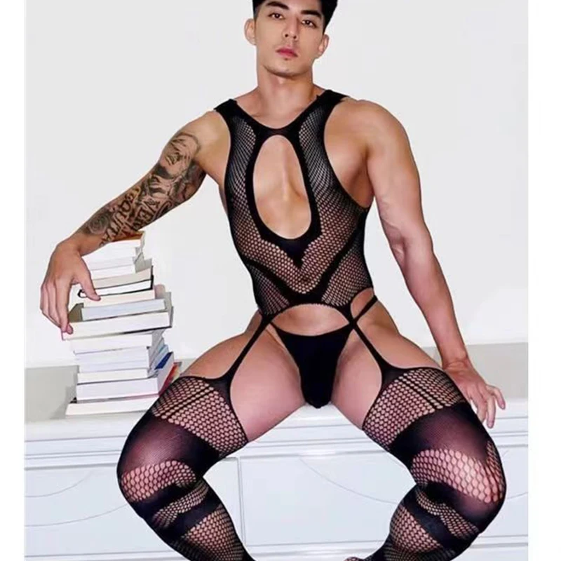 Men Bodysuit Jumpsuit Sexy Man Pajamas One Piece Men's Jumpsuit Transparent BodyStocking Sleeveless Bodysuit Porn Crotchless Underwear Erotic Costumes