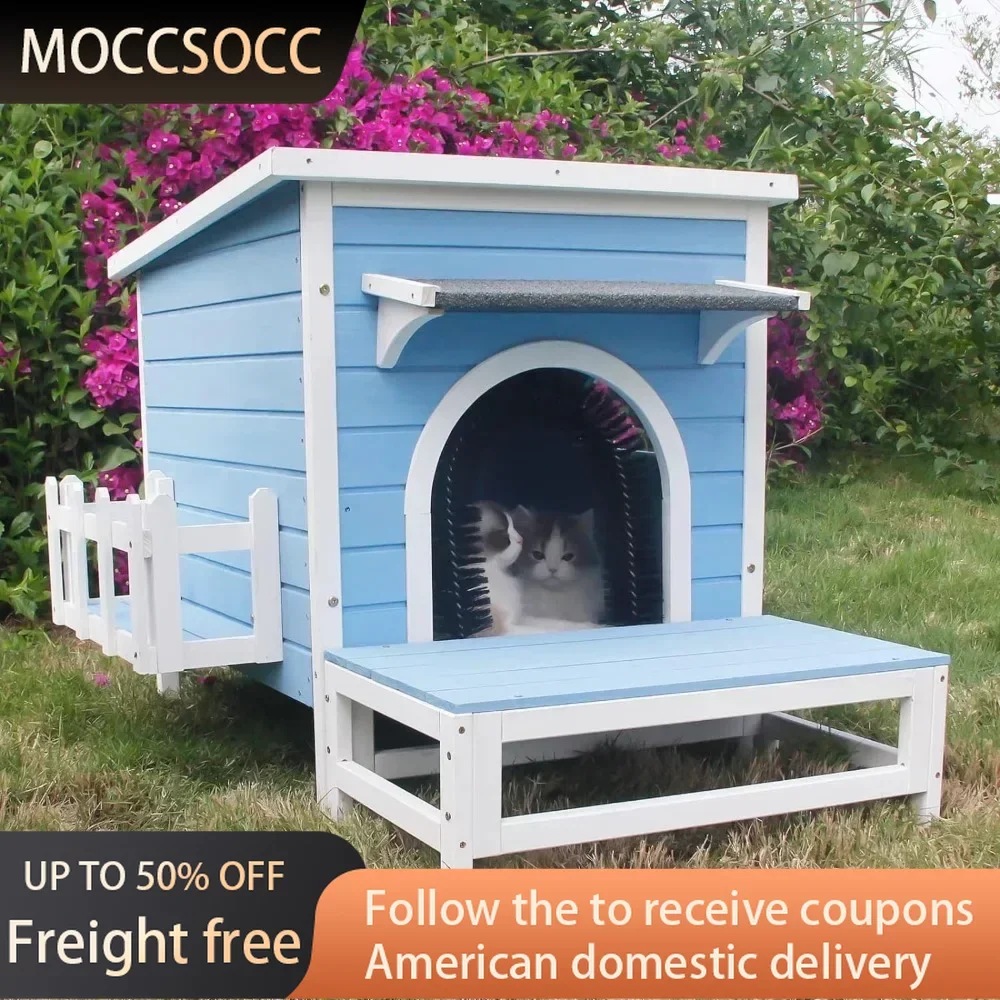 

Large Cat House Outdoor Feral Cat Condo Indoor Wooden Kitty Kitten Shelter Weatherproof With Cat Brush Cats Pet Products Bed For