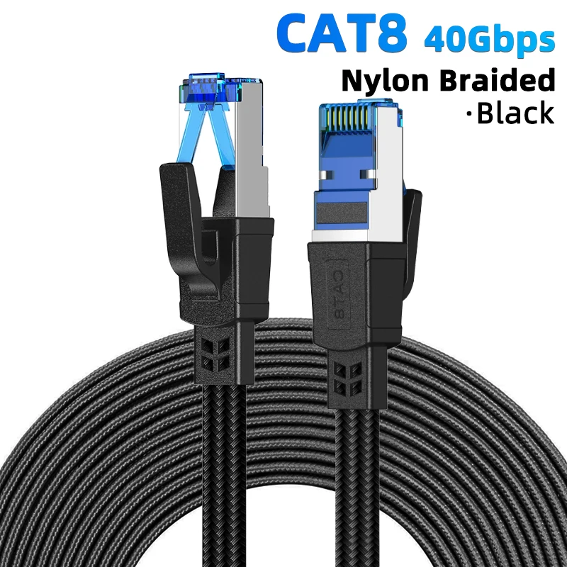 High-Speed CAT 8 Ethernet Cable - Nylon Braided Flat Internet Network Patch Cord, Shielded, 40Gbps, Various Lengths Available