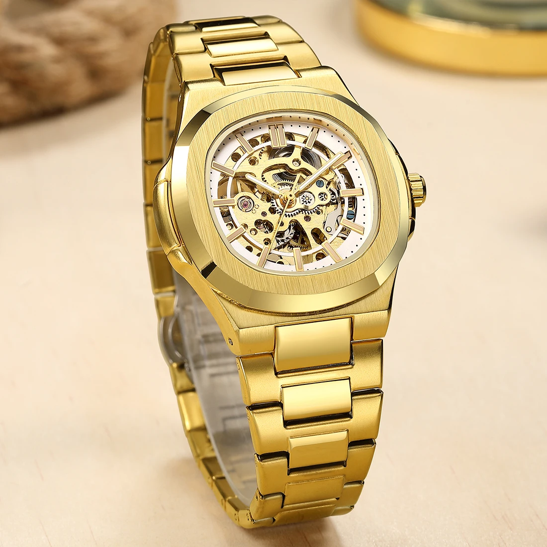 Skeleton Hollow Men Automatic Mechanical Watch Steampunk Dial Sliver Metal Band Self Winding Wrist Watches Male Mechanism Clock