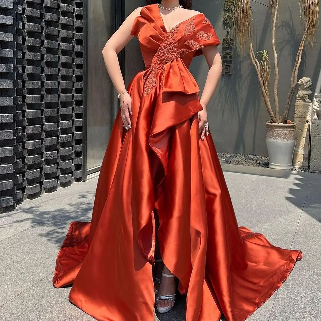 

Sapmae V-neck Beaded Sequined Vent Court Train Floor-length Zipper Up Elegant Prom Formal Evenning Party Dress For Women