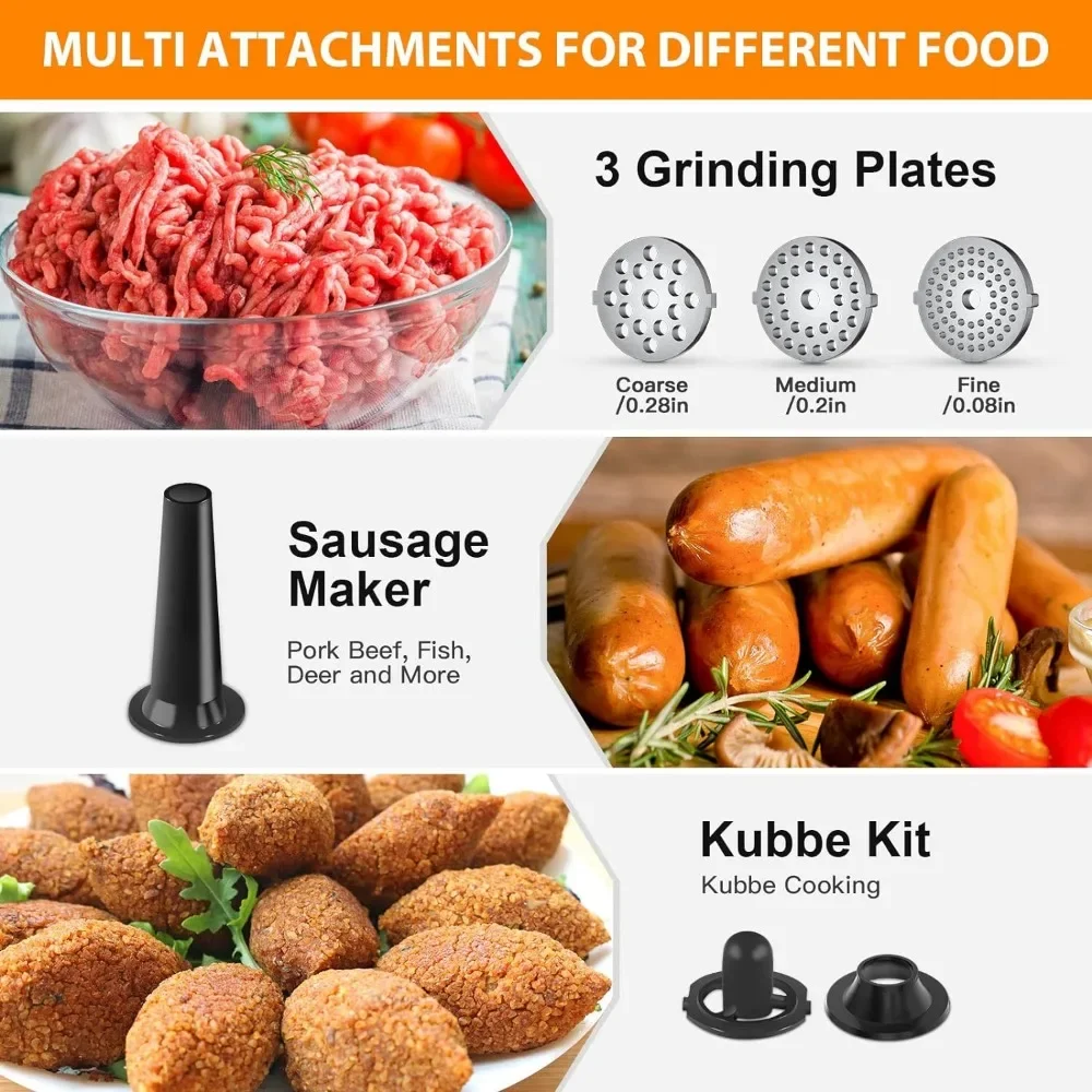 2500W Electric Meat Grinder, Sausage Stuffer Maker, Stainless Steel Food Grinder with Sausage Tube Kubbe Maker for Home Kitchen 5