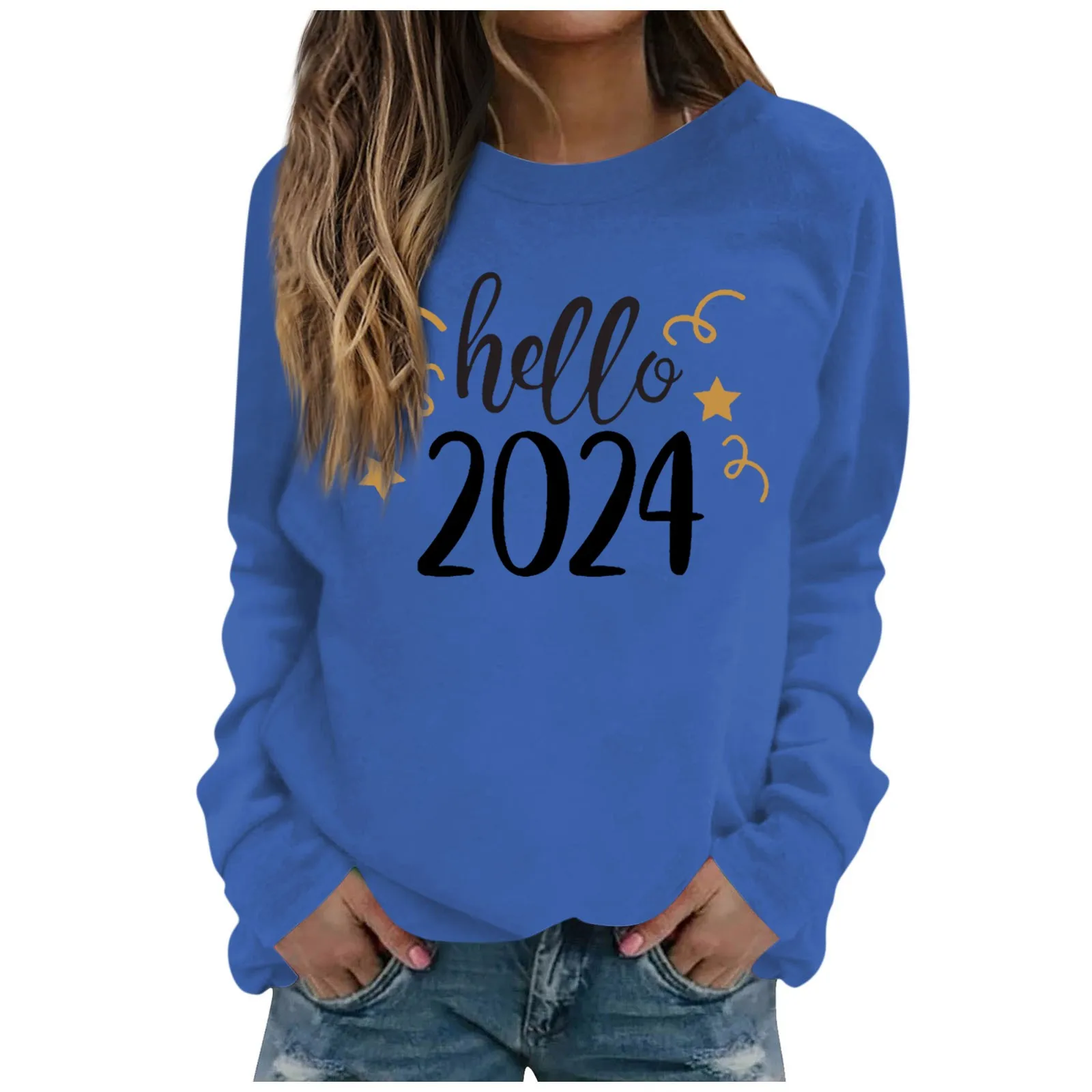 

Женская футболка с надписью Hello 2024, праздничные модные пуловеры с длинным рукавом и круглым вырезом для женщин, повседневная женская одежда