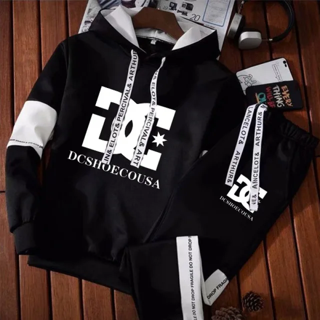 2022 Newest Fashion Tracksuit Men's Long Sleeve Hoodie + Sports Pants Set Pullover Sweater Tops and Jogging Pants Casual Outfit Black