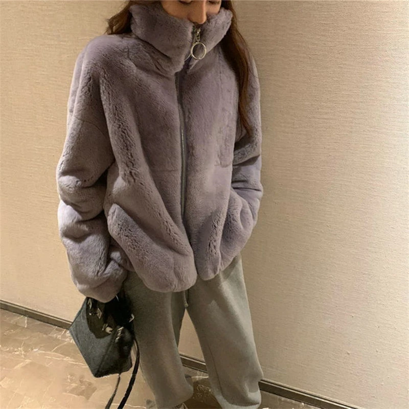 Winter Solid Color Faux Fur Lambwool Coat Women's Korean Version Loose Simplicity Stand-up Collar Jacket Fashion Clothing Coat