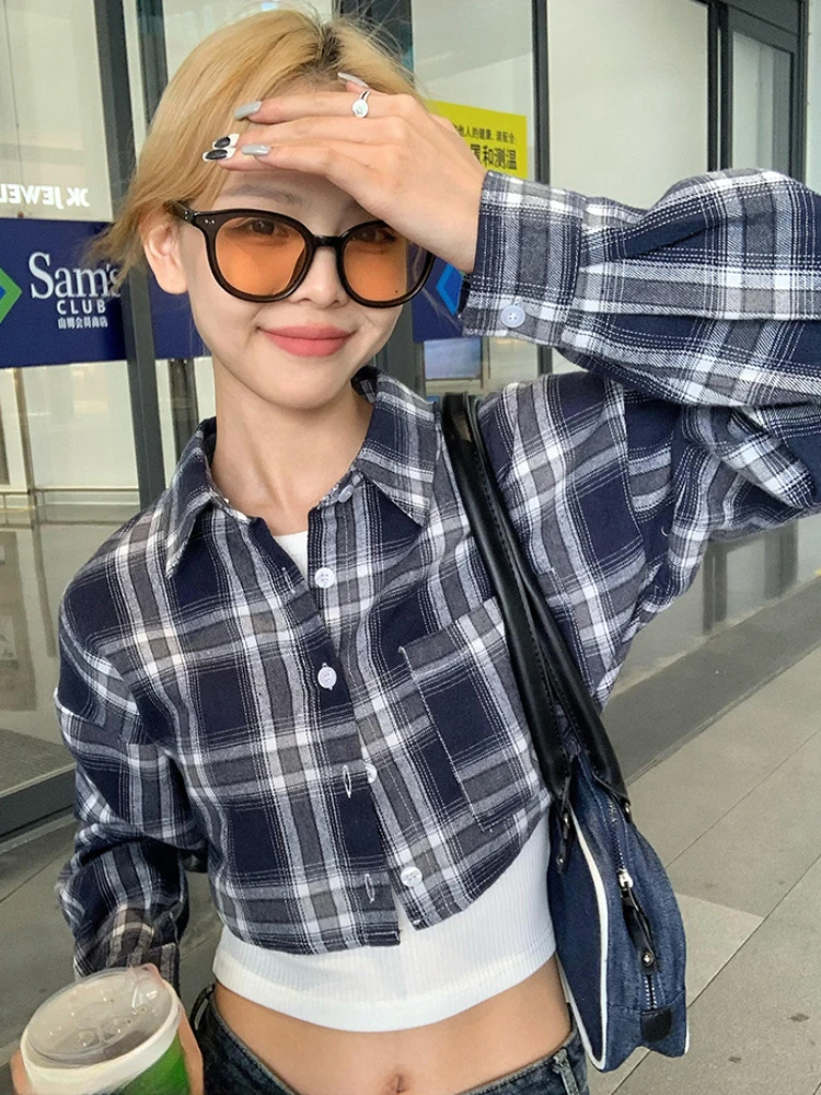 ADAgirl Plaid Cropped Shirt for Women Long Sleeve Blouse Buttons Cardigans Korean Style 2023 New Spring Summer Clothes Trending adagirl vintage high wasited jeans mujer y2k brown retro denim bell bottoms long flared waistband women trousers 2023 fashion