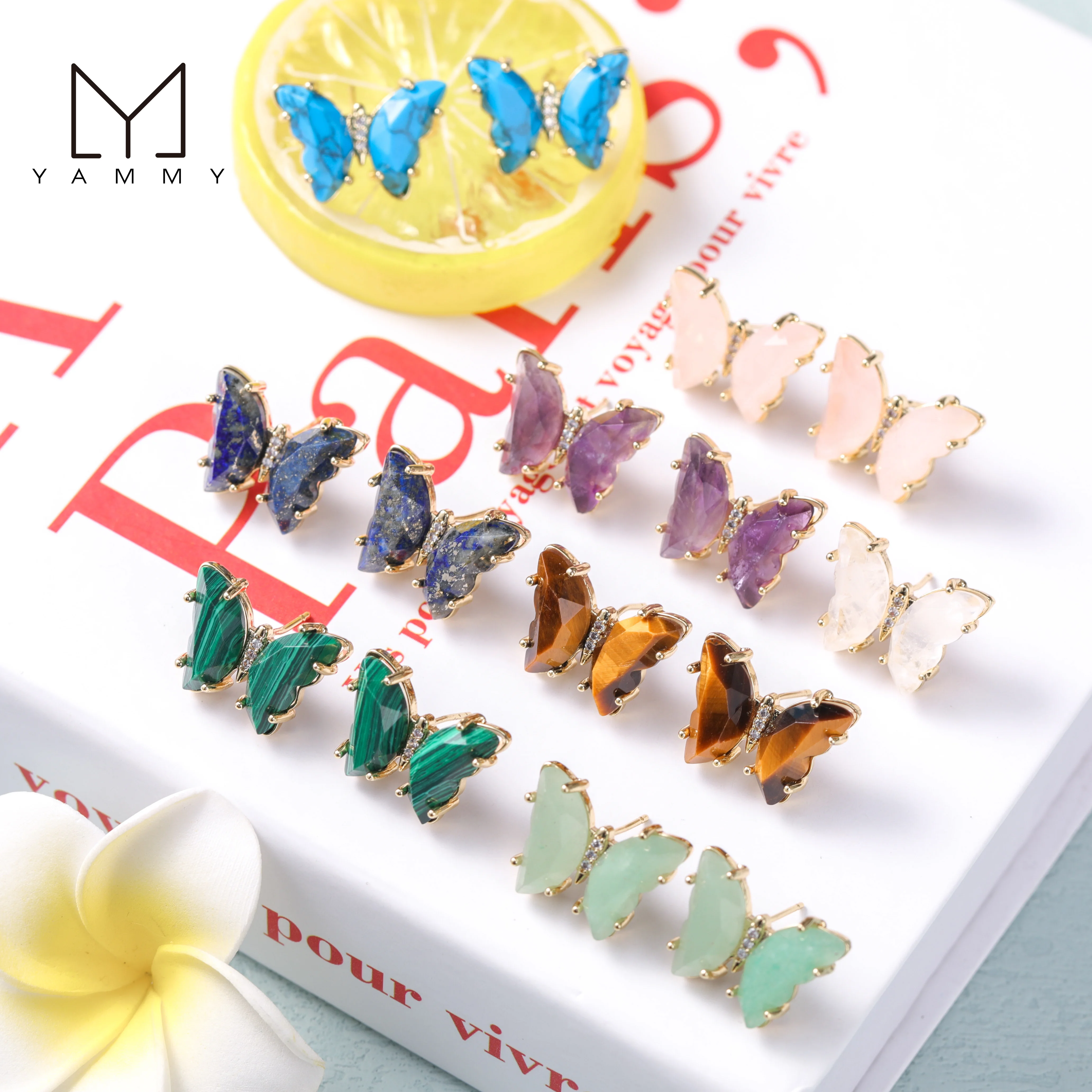 

Yammy Butterfly Shape Quartz Gold Earrings Fashion Amethysts Tiger Eye Women's Crystal Beads Gold Earrings Jewelry