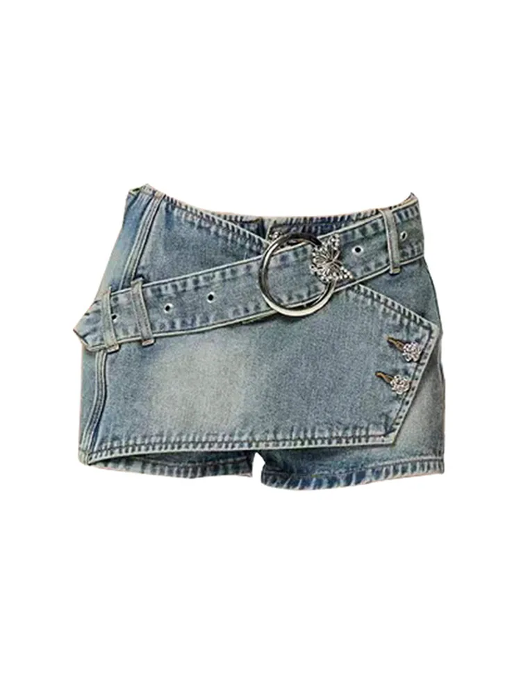 

New Women Fashion Denim Mini Skirt With Belt Butterfly Casual A Line Skirt Washed Blue Asymmetrical Female Chic Hot Streetwear