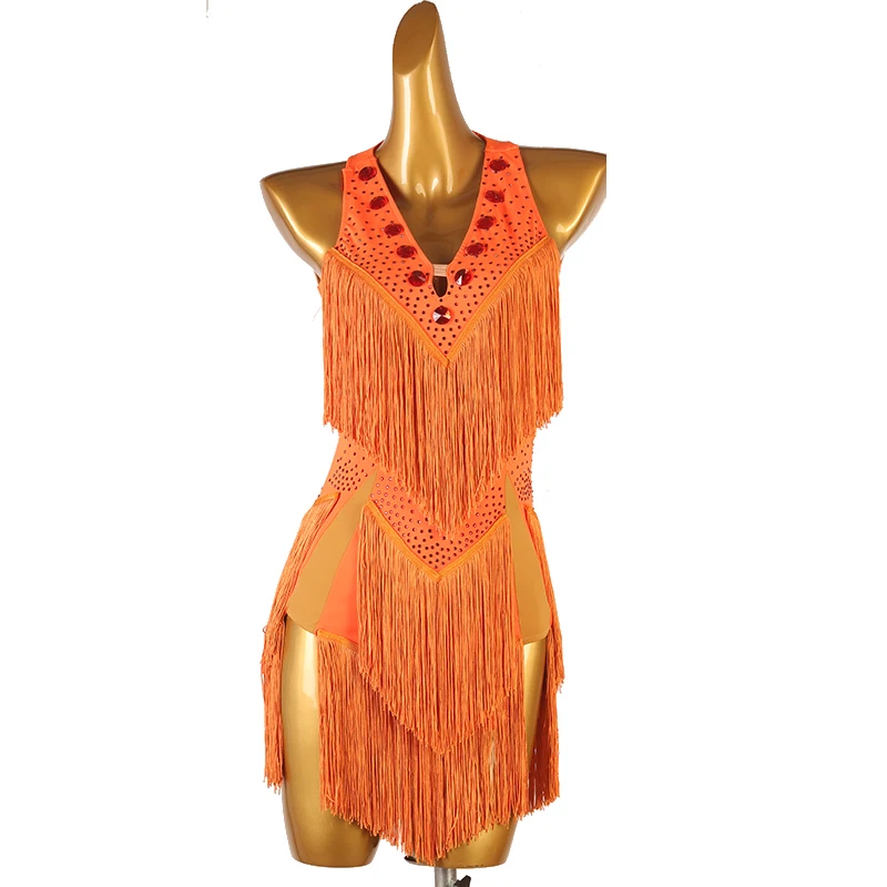 

Latin Tassel Dress Rhinestones Modern Dance Gowns Ballroom Practice Wear Competiton Costume Performance Clothes Stage Outfits