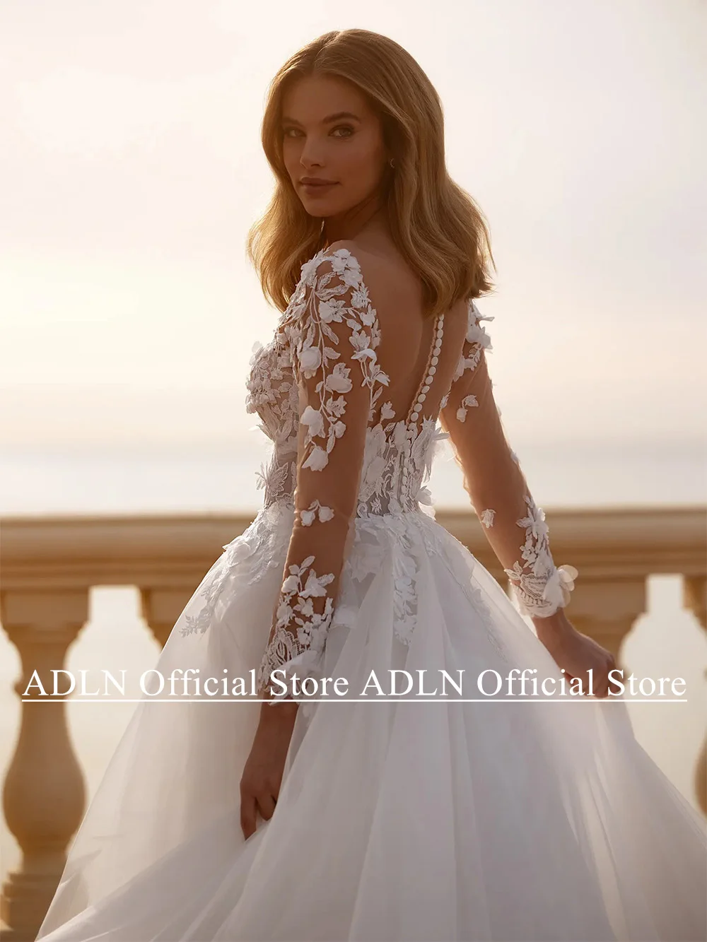 Woman Bride Wedding Dresses Customized Illusion Long Sleeves Flower Applique A Line Tulle Boho Bridal Gown Robe De Mariage 4