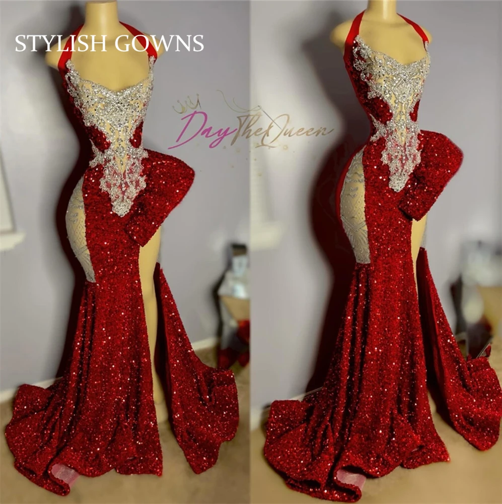 

Red Halter Beaded Evening Dresses For Black Girls 2023 Crystal Sequined Birthday Party Gowns High Slit Robe De Bal