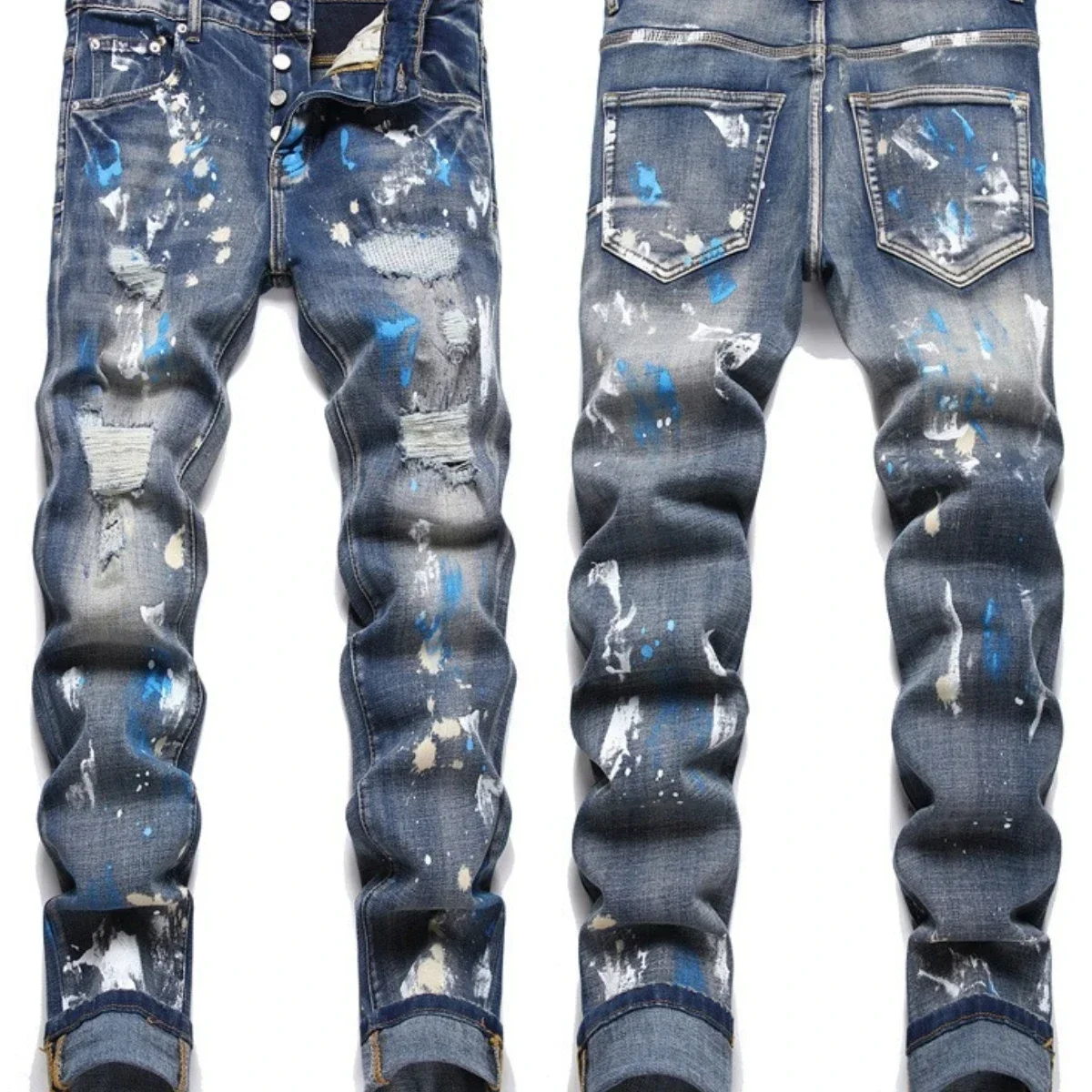 Men's Ink Splash Graffiti Jeans 3D Inner Embroidery Bleached Slim Fit Broken Hole Long Pants High Elastic Zipper Trendy Cat 2024