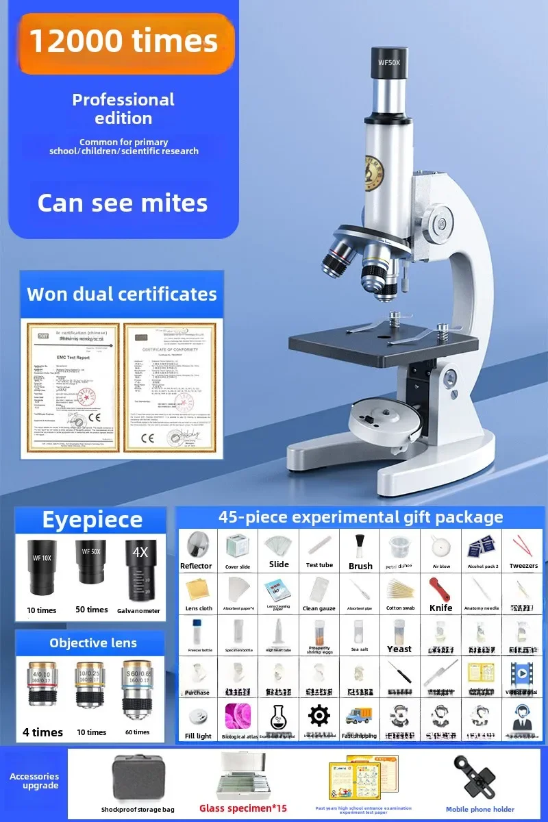 Çocuk Mikroskop Hediye Seti, Yüksek Netlikte Profesyonel Seviye, Biyolojinin Büyüleyici Dünyasını Keşfetmek İçin Uygun DC