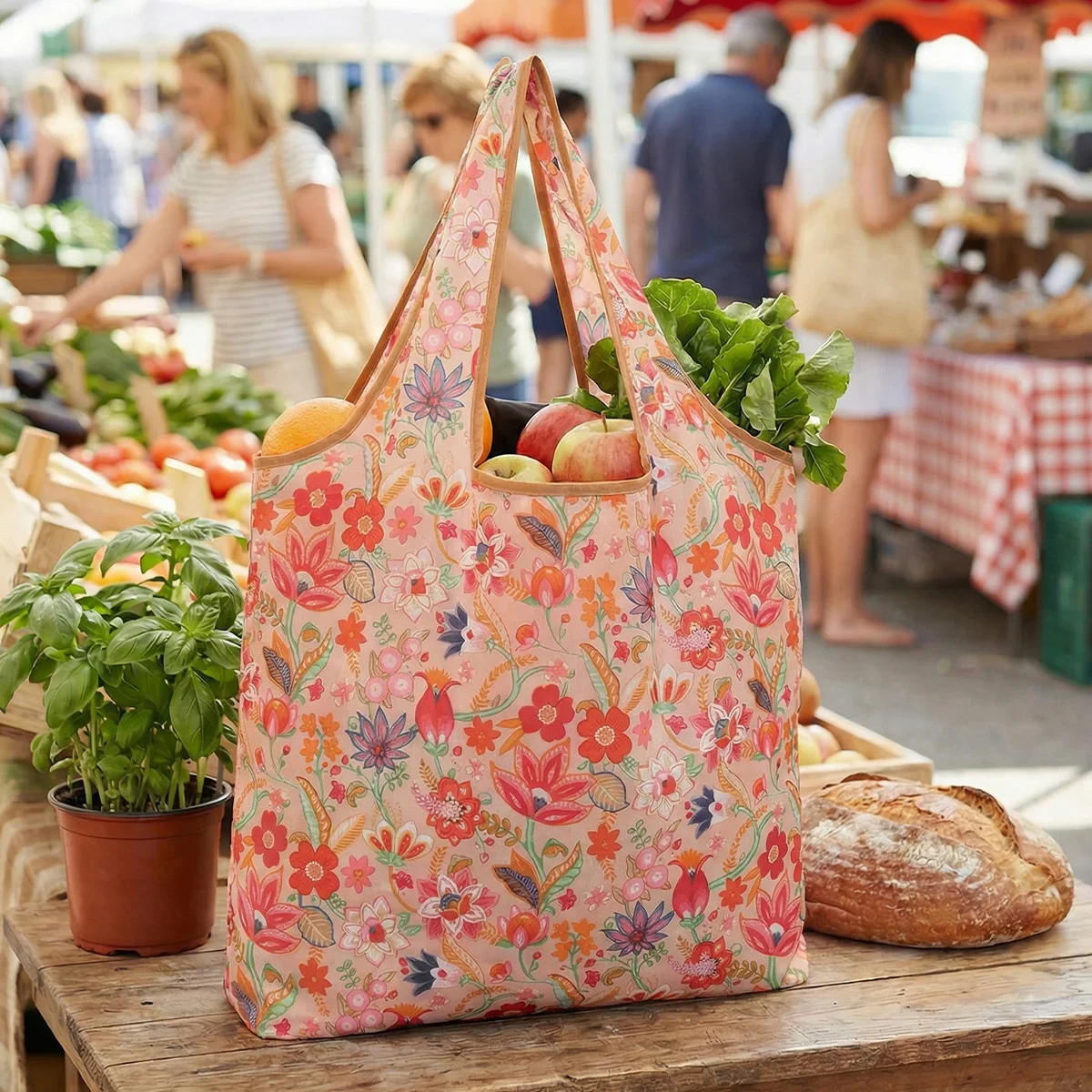 Eco-Friendly Foldable Red Floral Reusable Shopping Tote Bag