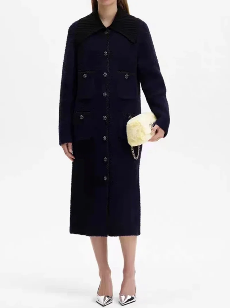 

Women Mid-Length Coat Color Patchwork Turn-Down Collar Single Breasted Elegant Long Sleeve Female Jacket