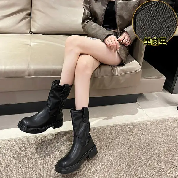 

Med Heel Boots Rock Shoes Woman Round Toe Cowboy Ladies Rubber Ankle Rome PU Solid Cotton Fabric Slip-On Basic Lace-Up Retro