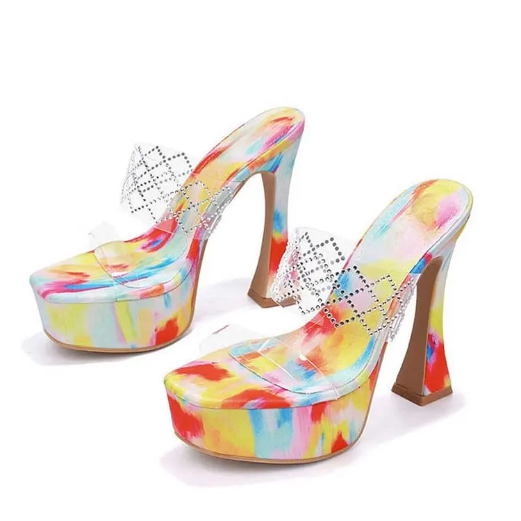 

Multicolor Print Platform Mules Clear Strap Rhinestone Flared Heels