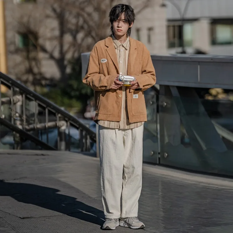 남녀공용 빈티지 코듀로이 재킷, 롱 팬츠 스트라이프 셔츠, 루즈한 한국 스타일, 하이 스트리트 캐주얼 슈트, 가을 세트, 3 개