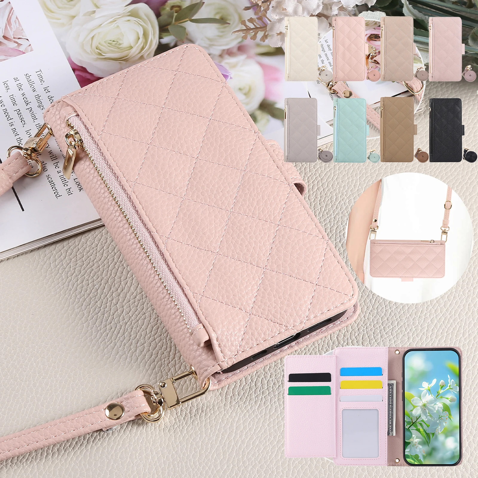 Leather Crossbody Wallet Phone Case with Cash and Card Holder and Adjustable Strap