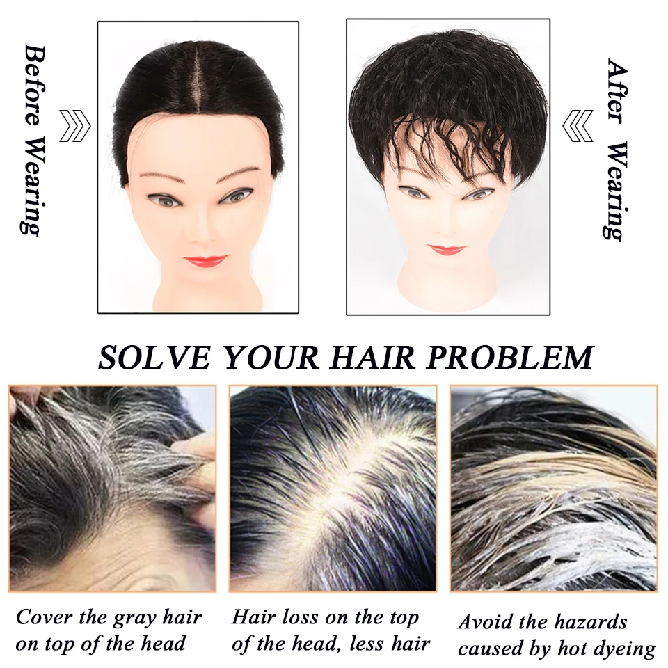 MEIFAN Synthetic Topper Closure Hairpieces with Bangs Clip on the Top of Head Hair Extension to Cover the White Hair Hairpiece synthetic bangs