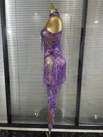 Shining Rhinestones Purple Sexy Tassels Mesh See Through Bodycon Jumpsuit Celebrate Nightclub Party Birthday Photoshoot Wear - Image 3
