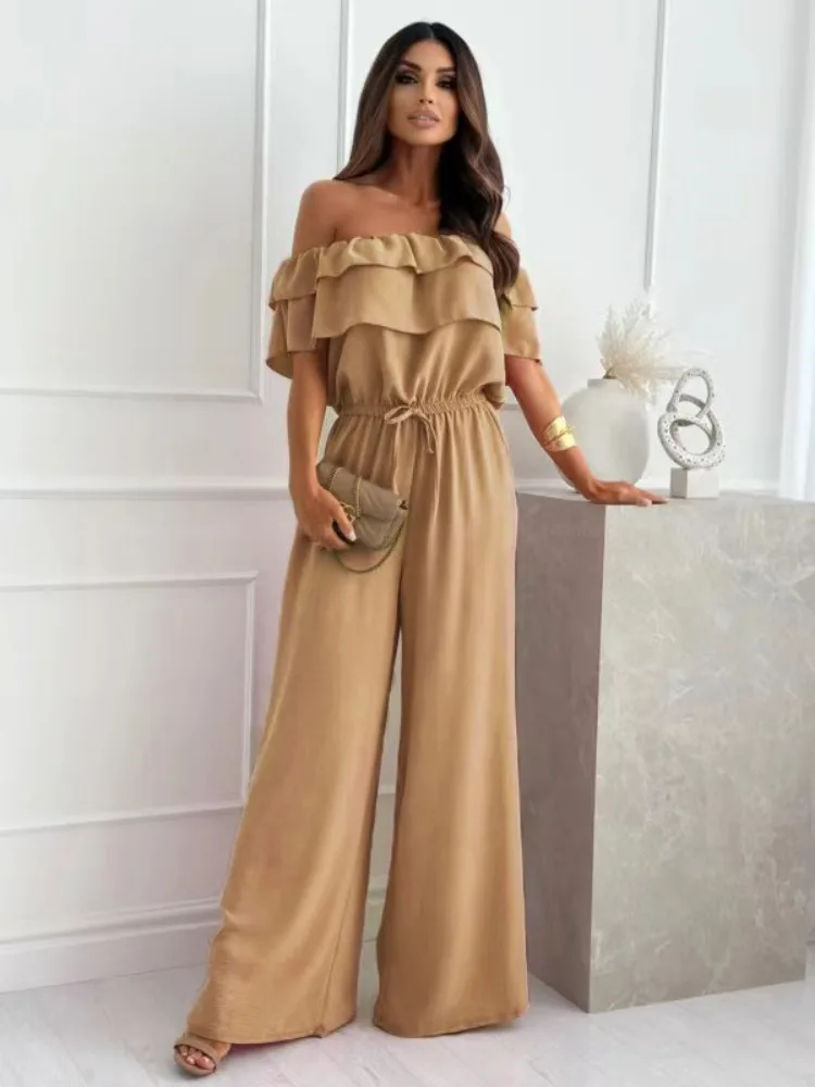 New Fashion Women's Solid Colour Jumpsuit Casual off-the-Shoulder Short Sleeve Jumpsuit image