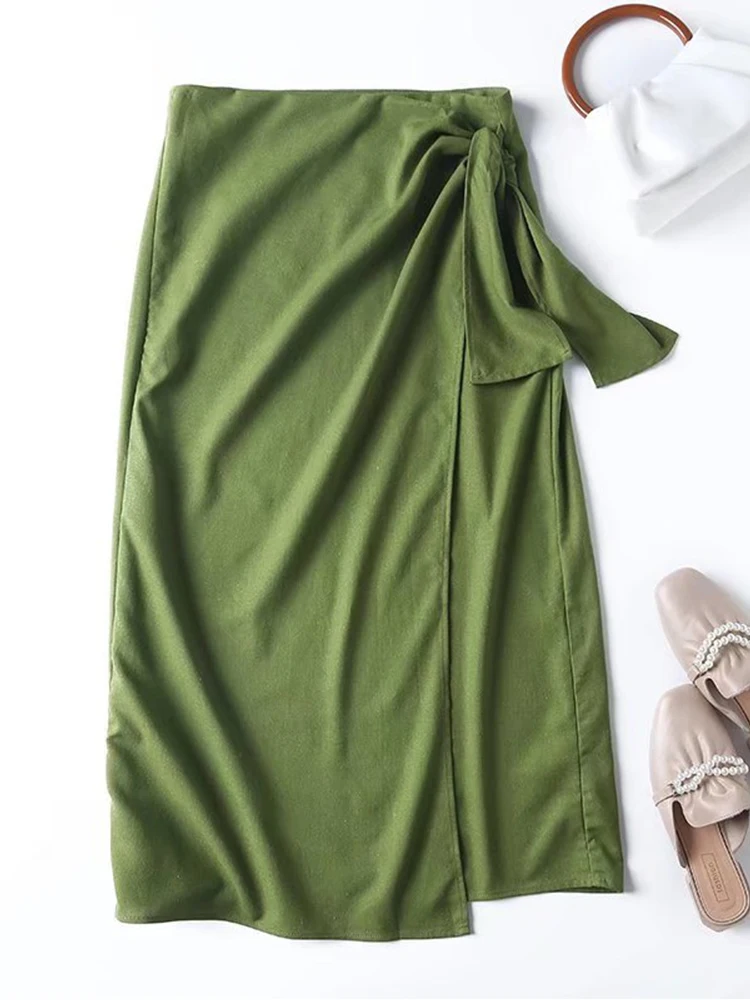 YENKYE 2022 New Women Green Linen Cotton Wrap Midi Skirt