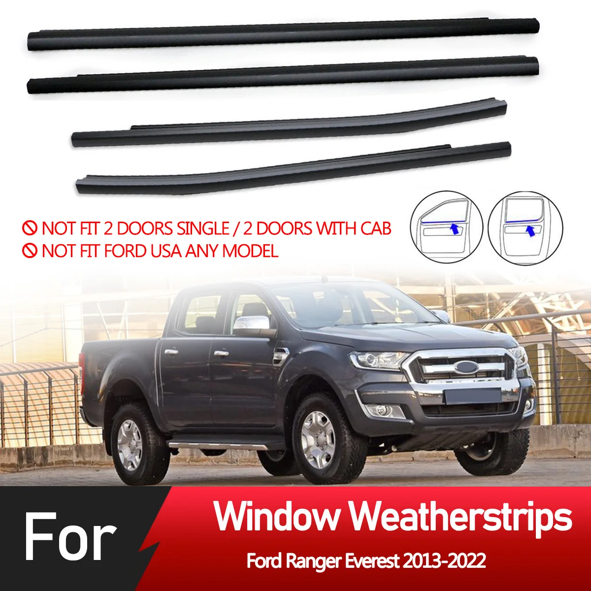 

4PCS Outer Windows Rubber Weatherstrip Door Sealing Belt Moulding Trim For Ford Ranger Everest 2013-2022 4 Doors